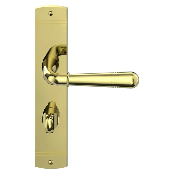 Diamond Doors Classic WC-Drückergarnitur WC Kalifornien - Sonstiges, Stärke Tür: 40 mm - 45 mm - Nahaufnahme eines glänzenden, goldenen Türgriffs mit Beschlag, der auf einem schwarzen Hintergrund montiert ist.