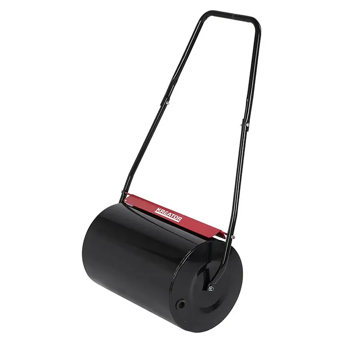 Kreator Rodillo para césped KRTGR9101 - Ancho: 50 cm, Metal - Imagen de un rodillo de césped KREATOR, ideal para nivelar céspedes. El rodillo de césped tiene un cuerpo negro y soporte rojo.