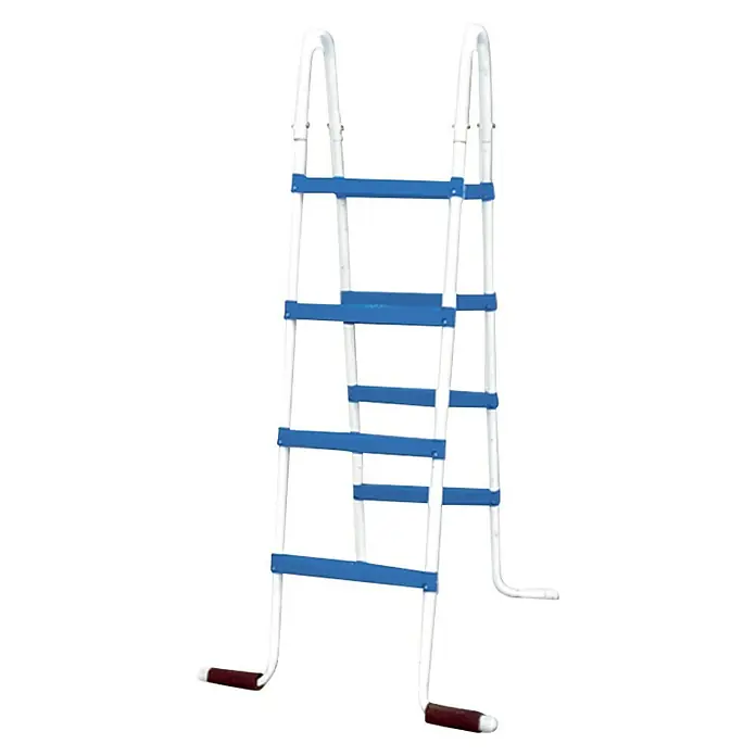 Piscina de acero Nuovo - Ø x Al: 350 x 120 cm, Blanco, 10.400 l - Esta imagen muestra una escalera de piscina con marco blanco y peldaños azules, diseñada para facilitar el acceso a la piscina.