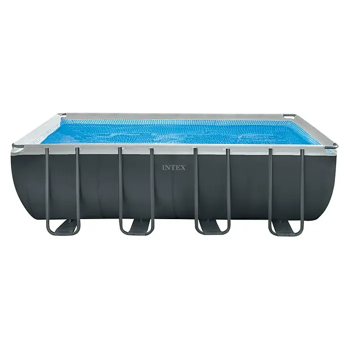 Piscina Frame Ultra Quadra XTR - L x An x Al: 549 x 274 x 132 cm, Antracita, 17.203 l - Piscina rectangular Intex Frame con agua azul y estructura gris, ideal para la diversión veraniega en tu jardín.