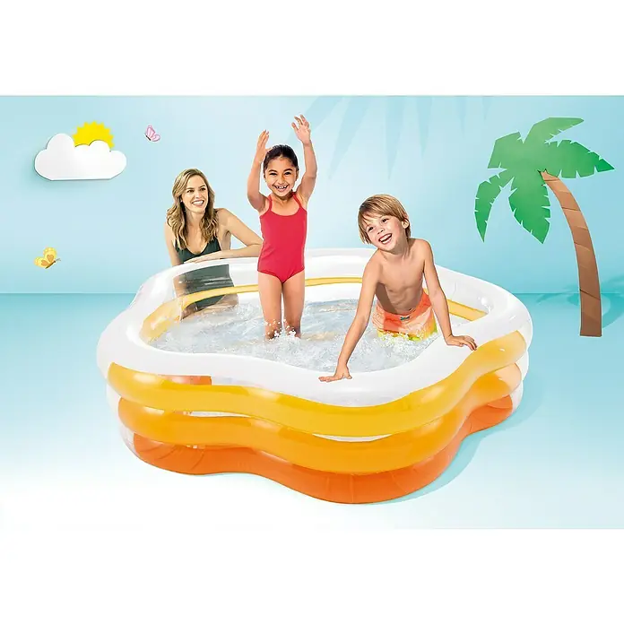 Intex Piscina hinchable Summer Color - 185 x 180 x 53 cm, Capacidad volumétrica: 466 l, Azul/Transparente - Piscina inflable con niños felices y una madre relajada al fondo, perfecta para la diversión de verano y refrescarse.