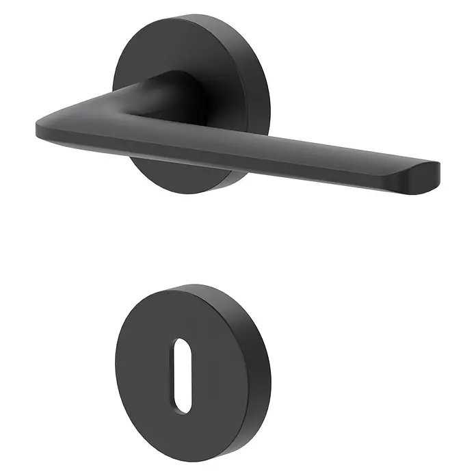 Diamond Doors Black Edition Drückergarnitur Roswell - Stärke Tür: 38 mm - 45 mm, Edelstahl, Schwarz, Buntbart - Eine moderne, mattschwarze Türklinke mit passendem Schlüsselloch, ideal für zeitgenössische Inneneinrichtungen.