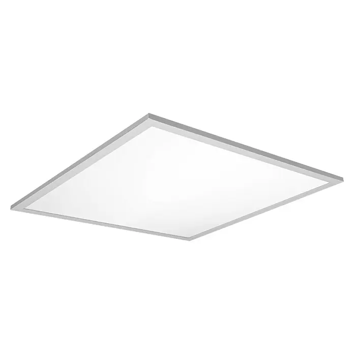 Ledvance SUN@Home LED-Panel Planon Frameless - 20 W, L x B x H: 30 x 30 x 6,1 cm, Weiß, Kaltweiß - Nahaufnahme einer quadratischen LED-Deckenleuchte mit silbernem Rahmen vor schwarzem Hintergrund.