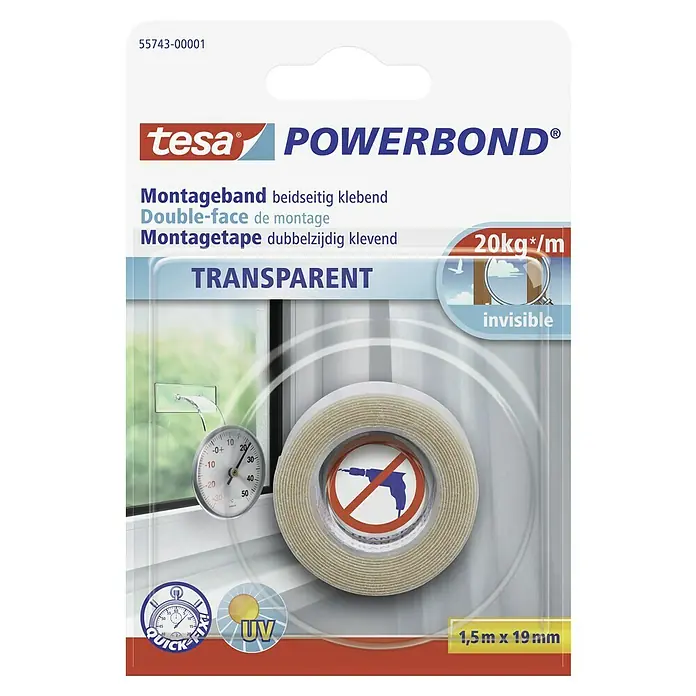 Tesa Powerbond Montageband Transparent - 1,5 m x 19 mm, Beidseitig selbstklebend - Bild der Tesa Powerbond Montageband-Doppelklebebandrolle, transparent, 1,5 m x 19 mm, für unsichtbare und starke Befestigungen.