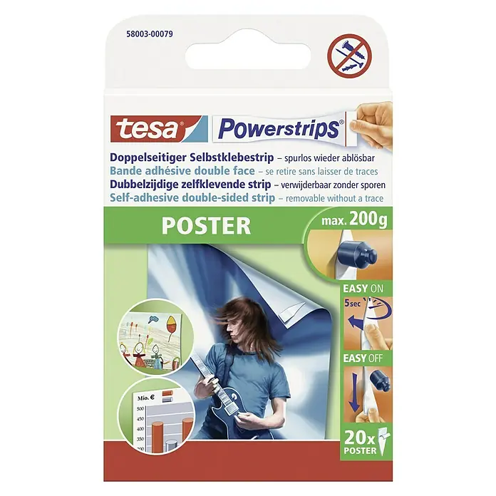 Tesa Powerstrips Selbstklebestrip Poster - 20 Stk. - Tesa Powerstrips Poster: Doppelseitige Klebestreifen zur spurlosen Befestigung von Postern bis max. 200g, 20 Stück.
