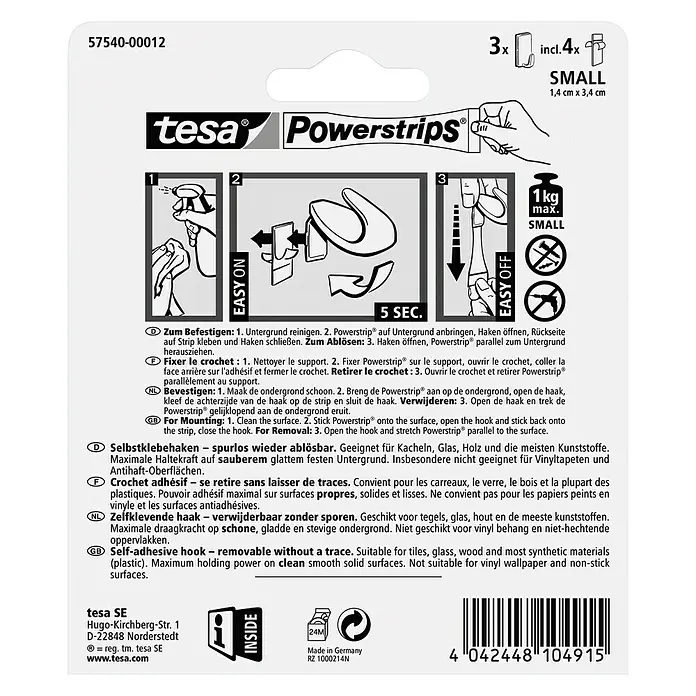 Tesa Powerstrips Selbstklebehaken - Eckig, Größe: S, Chrom, 3 Stk. - Tesa Powerstrips, kleine, selbstklebende Haken zur einfachen Befestigung ohne Bohren. Ideal für glatte Oberflächen.