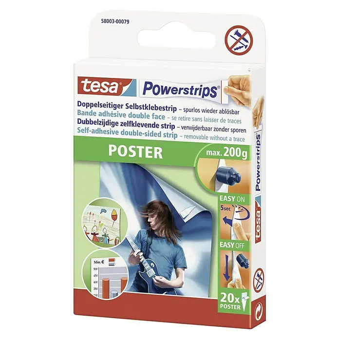 Tesa Powerstrips Selbstklebestrip Poster - 20 Stk. - Tesa Powerstrips Poster: Doppelseitige Klebestreifen zum Aufhängen von Postern ohne Spuren zu hinterlassen, bis zu 200g, 20 Stück pro Packung.