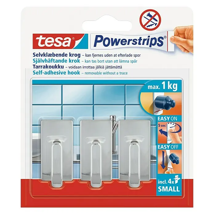 Tesa Powerstrips Selbstklebehaken - Eckig, Größe: S, Chrom, 3 Stk. - Tesa Powerstrips Selbstklebehaken: Praktische Haken zur einfachen Anbringung ohne Bohren, ideal für Bad und Küche.