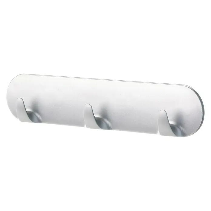 Tesa Powerstrips Hakenleiste - Selbstklebend, Chrom matt - Helle Garderobenleiste mit drei Haken zur Wandmontage. Praktische Aufbewahrungslösung für Jacken, Handtücher und mehr.