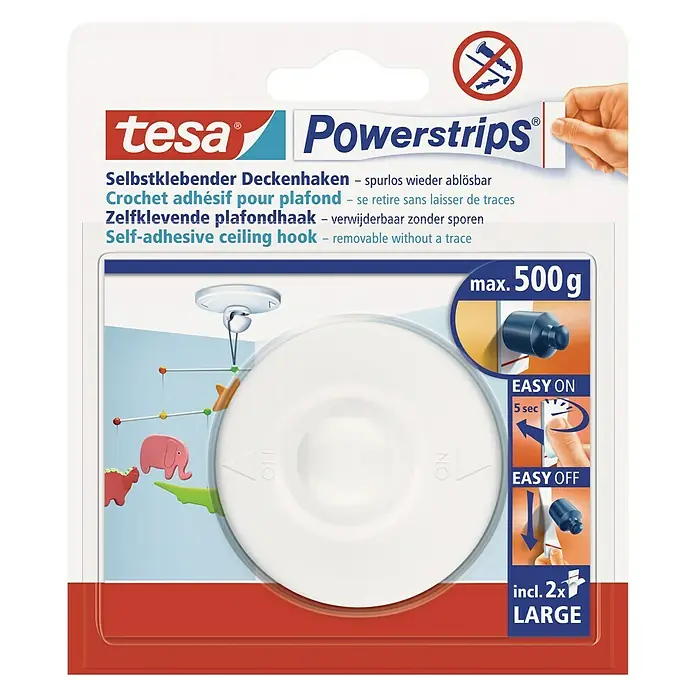 Tesa Powerstrips Deckenhaken - Selbstklebend, Weiß, 1 Stk. - Tesa Powerstrips Deckenhaken: Selbstklebend und rückstandslos ablösbar, ideal für leichte Dekorationen bis 500g, einfache Montage.