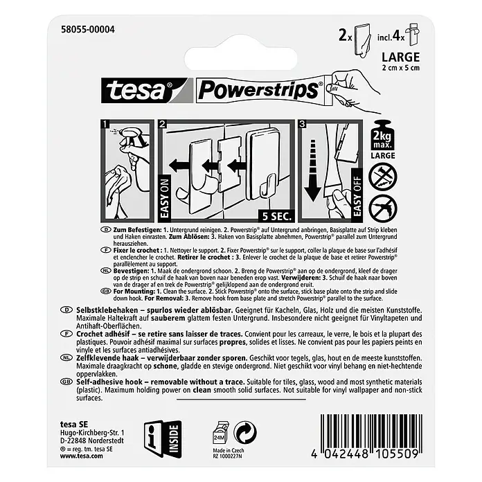 Tesa Powerstrips Selbstklebehaken - Rechteckig, Größe: L, Chrom matt, 2 Stk. - Tesa Powerstrips Klebehaken: Spurlos ablösbare Haken für glatte Oberflächen. Ideal für Bad, Küche und mehr.