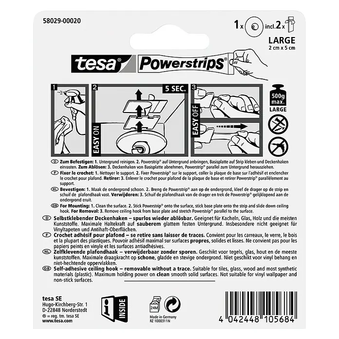 Tesa Powerstrips Deckenhaken - Selbstklebend, Weiß, 1 Stk. - Tesa Powerstrips Deckenhaken: Selbstklebende, spurlos ablösbare Haken für einfache Montage ohne Bohren. Ideal für glatte Oberflächen.