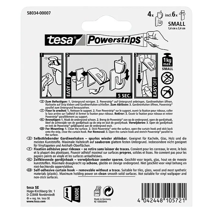 Tesa Powerstrips Gardinenhaken Vario - Weiß, Größe: S, 4 Stk. - Tesa Powerstrips Gardinenhaken: Selbstklebende Haken zur einfachen Befestigung von Gardinen ohne Bohren. Ideal für glatte Oberflächen.