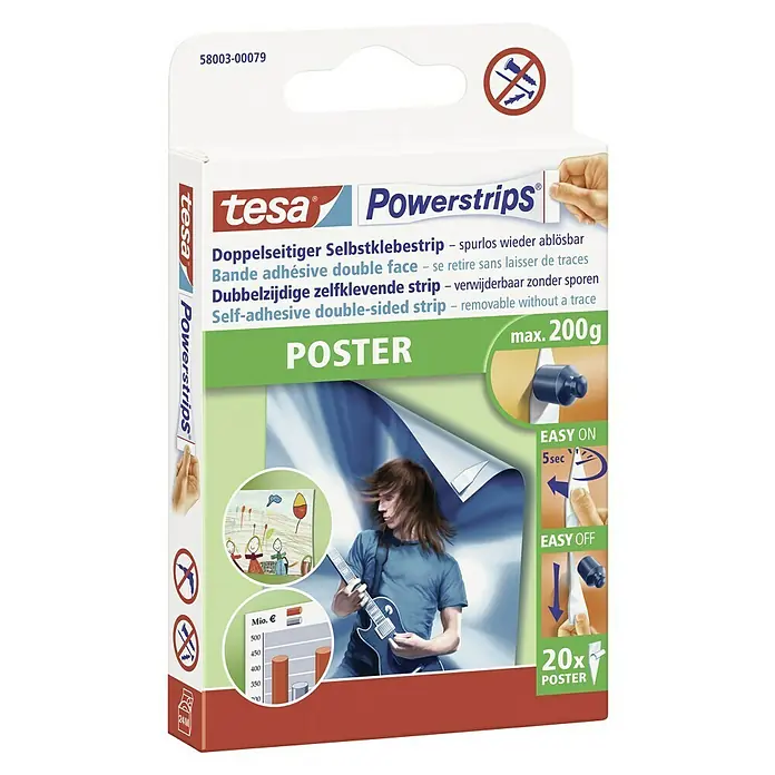 Tesa Powerstrips Selbstklebestrip Poster - 20 Stk. - Packung Tesa Powerstrips Poster, doppelseitige Klebestreifen zum spurlosen Aufhängen von Postern bis max. 200g Gewicht.