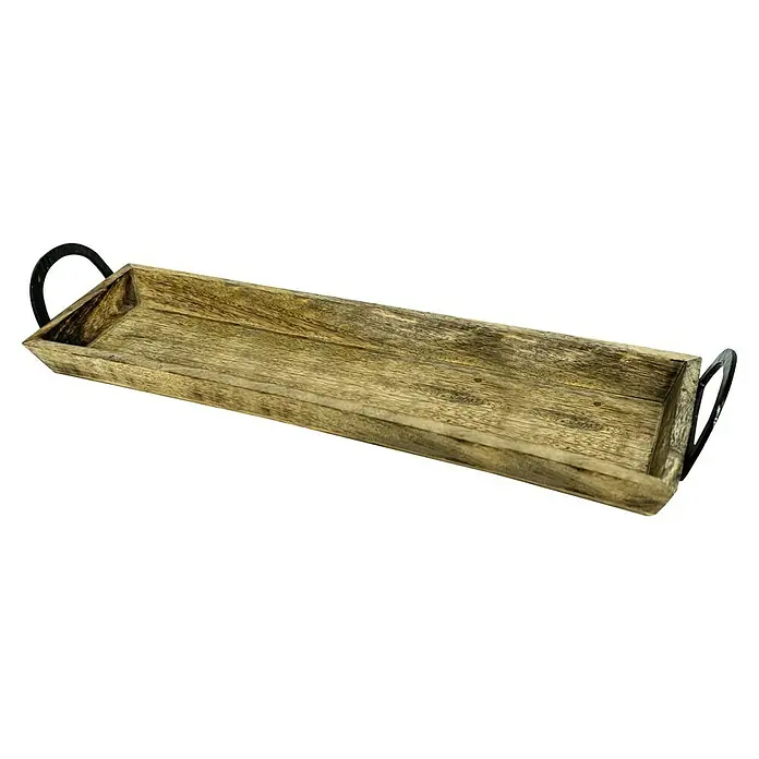 Deko-Tablett BurnedBraun, 54 x 16,5 x 10 cm, Holz - Elegantes Holztablett mit schwarzen Metallgriffen. Ideal zum Servieren oder als dekoratives Element. Rustikaler Charme für jedes Zuhause.