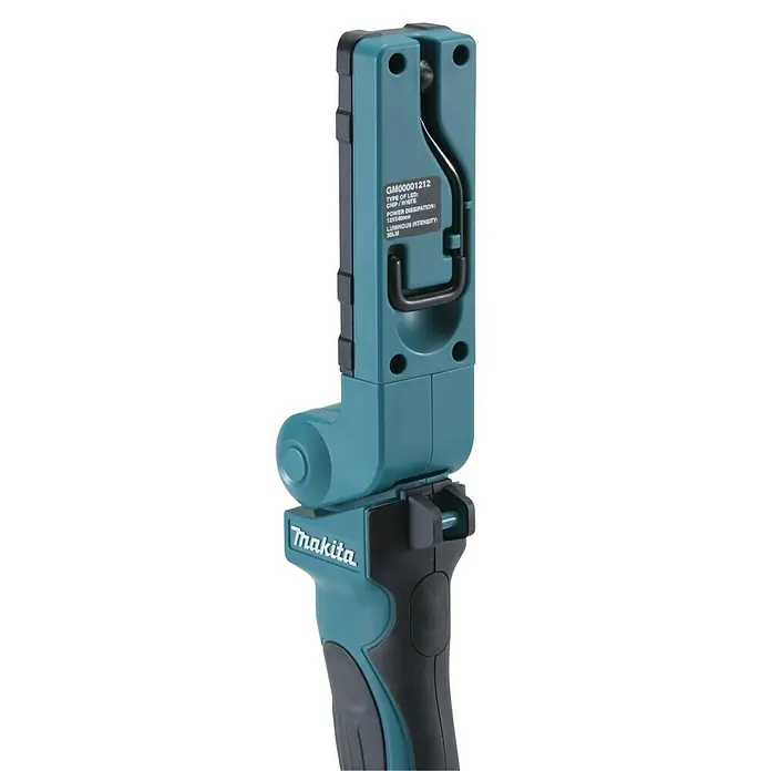 Makita LXT 18V LED-Arbeitsleuchte DML801 - 18 V, Ohne Akku - Akku-Arbeitsleuchte von Makita in türkis und schwarz. Die Lampe ist drehbar und hat einen Haken zum Aufhängen.