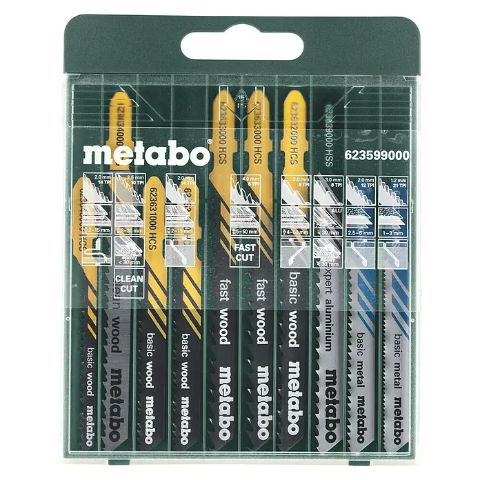 Metabo Stichsägeblatt-Set - Holz/Metall/Kunststoff, 10 -tlg., T-Schaft - Metabo Stichsägeblätter-Set: Vielfältige Sägeblätter für Holz, Metall & Aluminium in einer praktischen Aufbewahrungsbox.