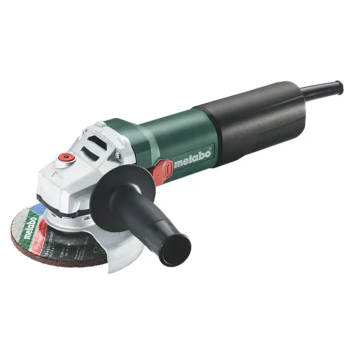 Metabo Elektro-Winkelschleifer WQ 1100-125 - 1.100 W, Durchmesser Scheibe: 125 mm, Leerlaufdrehzahl: 12.000 U/min - Nahaufnahme einer Metabo-Winkelschleifmaschine, die für ihre Langlebigkeit und Präzision beim Schneiden und Schleifen bekannt ist.