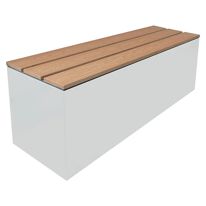 Palatino Sitzdeckel Lotte - 80 x 40 cm, Passend für: Palatino Exlusive Line Pflanzkübel eckig Lotte 80 x 40 cm, WPC - Eine moderne Bank mit weißem Untergestell und einer Sitzfläche aus drei hellbraunen Holzlatten. Ideal für den Innen- und Außenbereich.