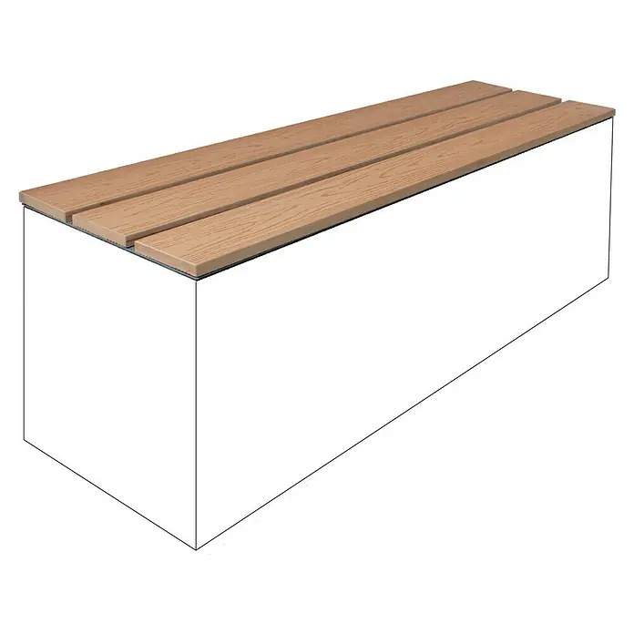Palatino Sitzdeckel Lotte - 120 x 40 cm, Passend für: Palatino Exlusive Line Pflanzkübel eckig Lotte 120 x 40 cm, WPC - Abbildung einer modernen Bank mit Holzlatten auf einem weißen Sockel. Ideal für Wartebereiche und öffentliche Räume.