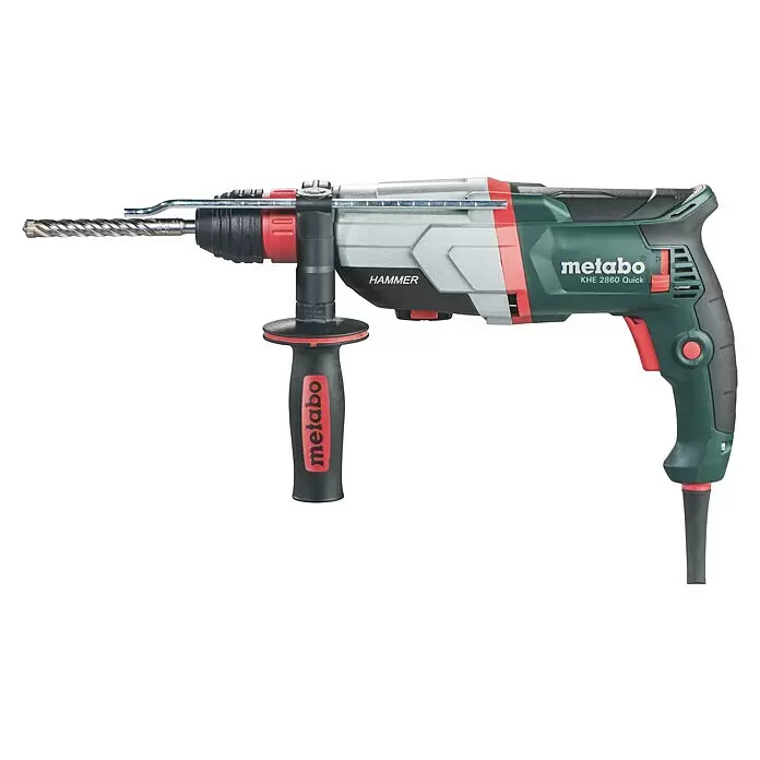 Metabo Martillo combinado 2860 Quick Set - 880 W, 3,2 J, Alojamiento SDS-Plus - Taladro percutor Metabo KHE 2860 Quick en verde, gris y rojo con broca plateada y empuñadura auxiliar.