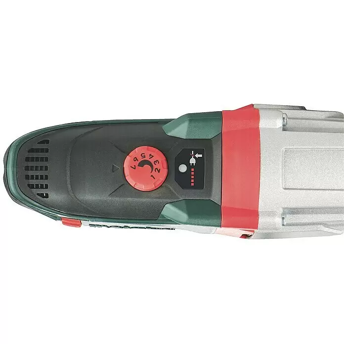 Metabo Kombihammer UHEV 2860-2 Quick Set - 1.100 W, 3,4 J, SDS-Plus-Aufnahme - Aufsicht eines dunkelgrau-silbernen Elektrowerkzeugs mit roten und grünen Akzenten, mit rotem Drehregler (1-7) und Leistungsanzeige.