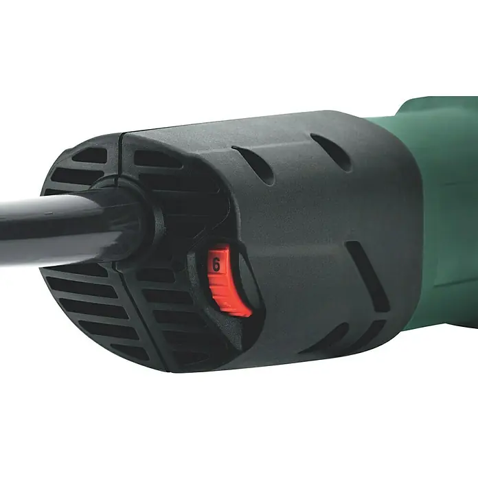 Metabo Elektro-Winkelschleifer WEV 850-125 - 850 W, Leerlaufdrehzahl: 3.000 U/min - 11.500 U/min - Detailaufnahme eines Winkelschleifers mit rotem Geschwindigkeitsregler auf Stufe 6, der die Präzision des Werkzeugs hervorhebt.