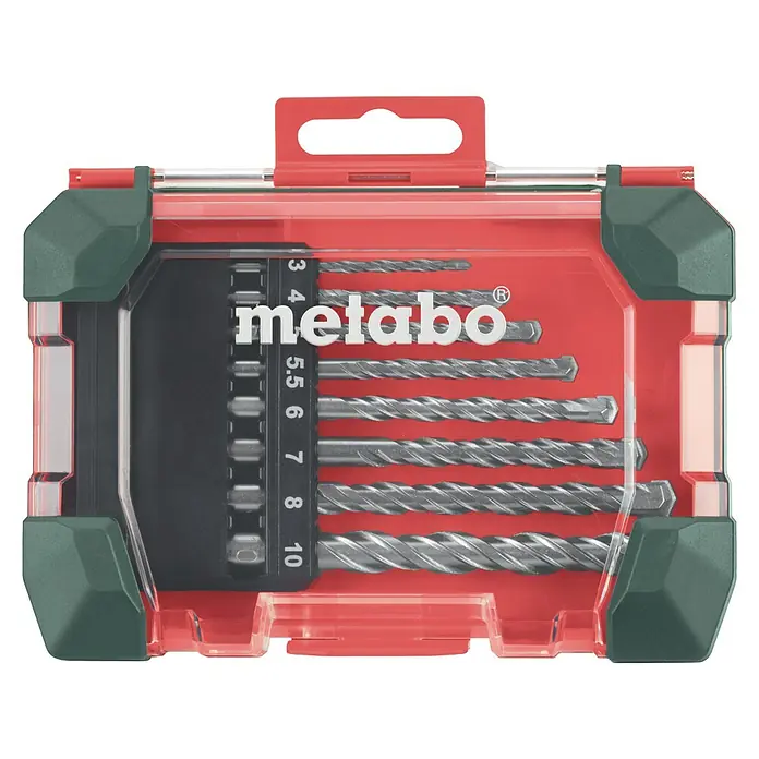 Metabo Beton- & Steinbohrer - 8 -tlg., Durchmesser Bohrer: 10 mm - Metabo Bohrer-Set in roter Box mit Größenangaben. Ideal für Profis und Heimwerker, vielseitig einsetzbar und langlebig.
