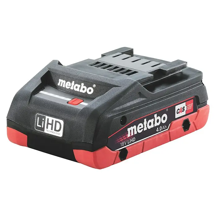 Metabo CAS 18V Akku LiHD - 18 V, 4 Ah - Nahaufnahme eines Metabo 18V 4.0Ah LiHD Akkus. Der Akku ist schwarz und rot und hat ein Metabo-Logo.