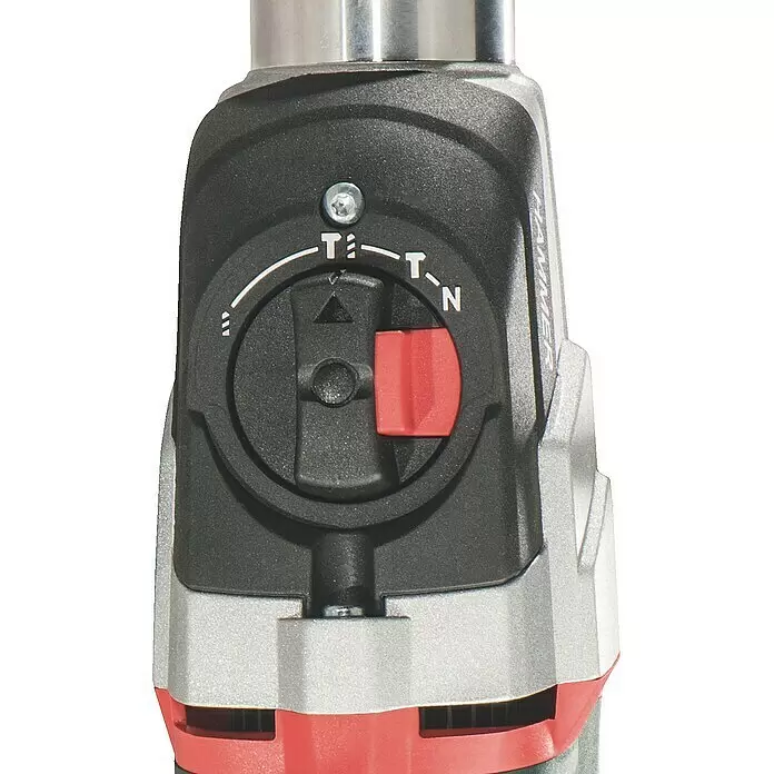 Metabo Martillo combinado 2860 Quick Set - 880 W, 3,2 J, Alojamiento SDS-Plus - Primer plano del panel de control negro y plateado de una herramienta eléctrica con dial de modo taladro y martillo e interruptor rojo.