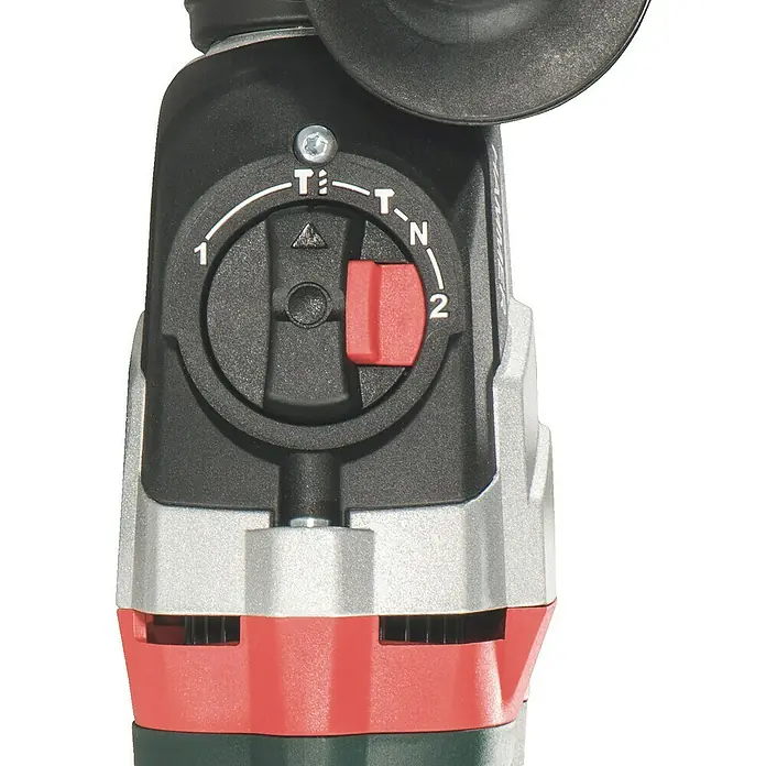 Metabo Kombihammer UHEV 2860-2 Quick Set - 1.100 W, 3,4 J, SDS-Plus-Aufnahme - Nahaufnahme der Bedienelemente einer Schleifmaschine, die die Wahlschalter für Geschwindigkeit und Modus zeigt.