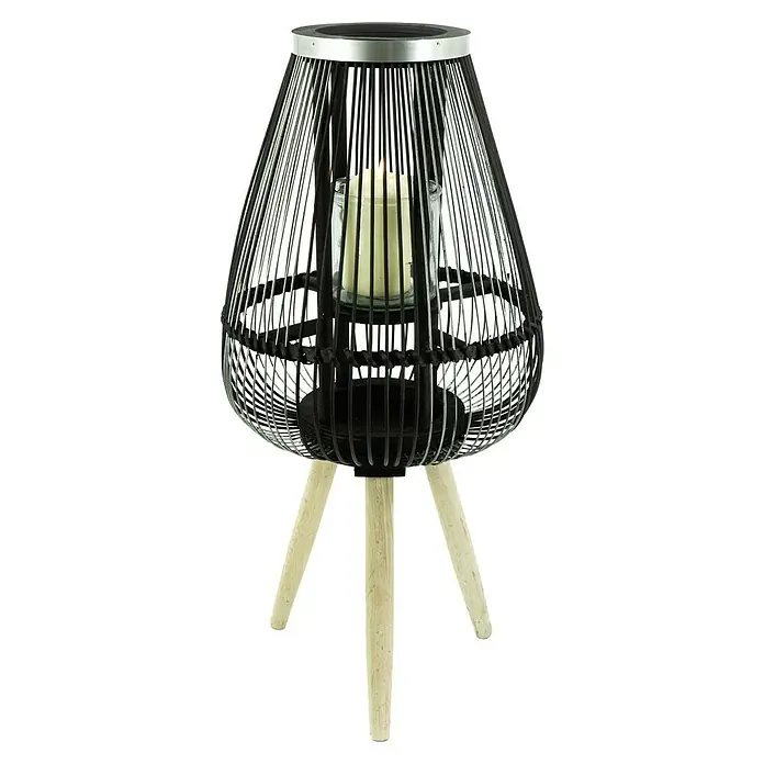 Windlicht Bambus - Ø x H: 36 x 60 cm, Schwarz - Dekorative Laterne mit Kerze, schwarzem Metallrahmen und hellem Holzfuß für eine stimmungsvolle Beleuchtung im Innen- und Außenbereich.