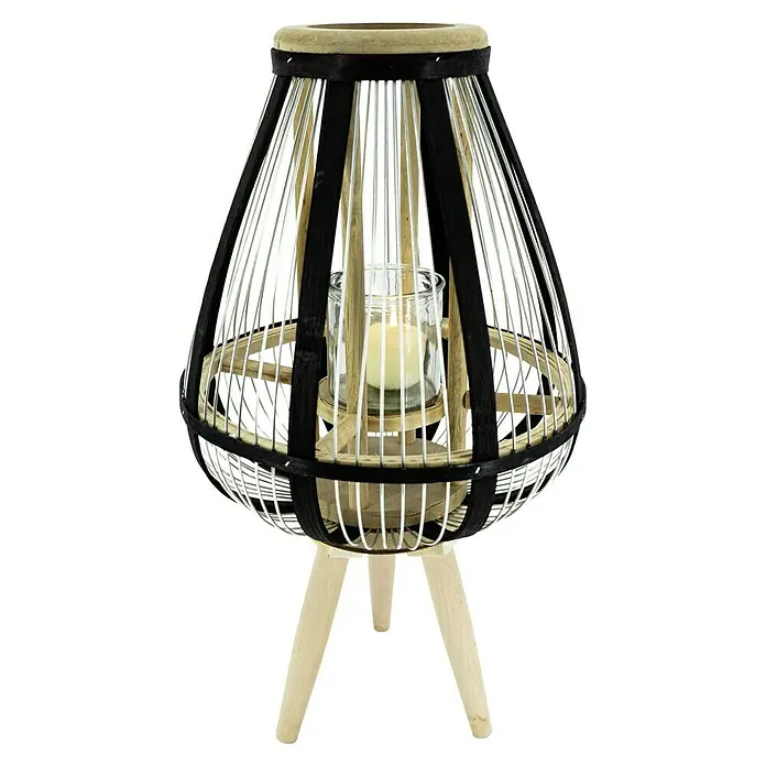 Windlicht Bambus - Ø x H: 30 x 40 cm, Natur/Schwarz - Dekorative Laterne mit Kerze, gefertigt aus Bambus und Metall, für eine warme und stimmungsvolle Atmosphäre in Ihrem Zuhause.