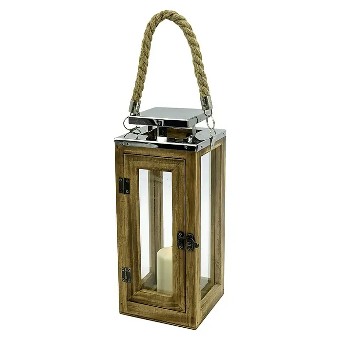 Holz-LaterneL x B x H: 12,5 x 12,5 x 31 cm - Rustikale Laterne aus Holz mit Seilgriff und Metallelementen, die eine gemütliche Atmosphäre schafft. Ideal für Innen- und Außenbereiche.