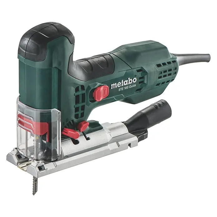 Metabo Elektro-Pendelhubstichsäge STE 100 Quick - 1.000 /min - 3.100 /min, Max. Schnitttiefe in Holz: 100 mm, Anzahl Pendelhubstufen: 4 Stk. - Hier sehen wir eine Stichsäge STE 100 Quick von Metabo, ein leistungsstarkes Werkzeug für präzise Schnitte in verschiedenen Materialien.