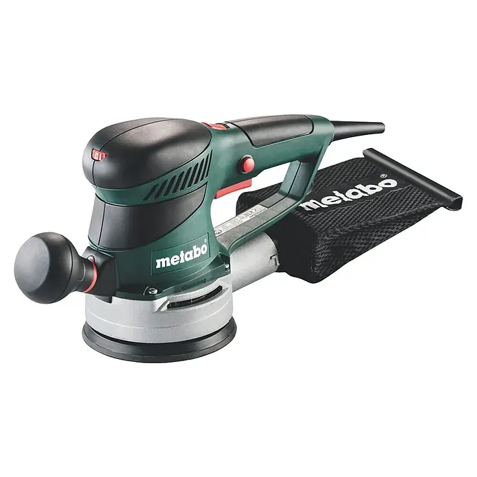 Metabo Elektro-Exzenterschleifer SXE 425 TurboTec - 320 W, Durchmesser Schleifteller: 125 mm - Nahaufnahme eines Metabo Exzenterschleifers mit Staubbeutel, ideal für feine Schleifarbeiten und Oberflächenbearbeitung.