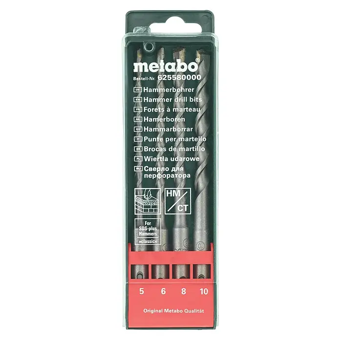 Metabo Beton- & Steinbohrer - 4 -tlg., Durchmesser Bohrer: 10 mm, 160 mm - Aufnahme des Metabo Hammerbohrer-Sets, bestehend aus vier Bohrern in den Größen 5, 6, 8 und 10 mm, ideal für SDS-plus Hämmer.