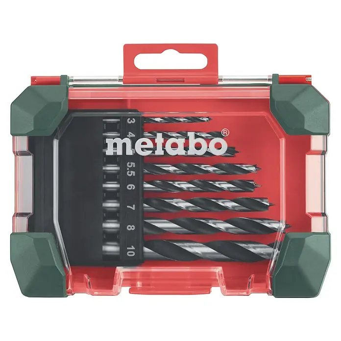 Metabo Holzbohrer - Durchmesser Bohrer: 3 mm - Ein Set Metabo Holzbohrer in einem rot-grünen Kunststoffkoffer, Größen von 3 bis 10 mm. Ideal für präzise Holzarbeiten.