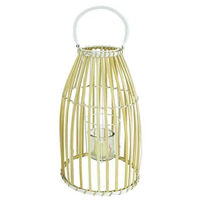 Laterne Bambus - Ø x H: 25 x 44 cm, Natur/Weiß - Dekorative Windlicht-Laterne mit Bambusrahmen und gläsernem Kerzenhalter. Ein stimmungsvolles Wohnaccessoire für gemütliche Stunden.