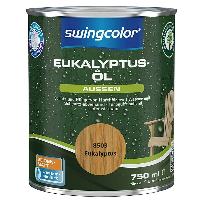 swingcolor Eukalyptus-Öl - Eukalyptus, 750 ml, Seidenmatt - Ein Dose Swingcolor Eukalyptus-Öl für den Außenbereich, ideal für Harthölzer. Wasserabweisend, farbauffrischend und tiefenwirksam. Seidenmatt und wasserbasiert.