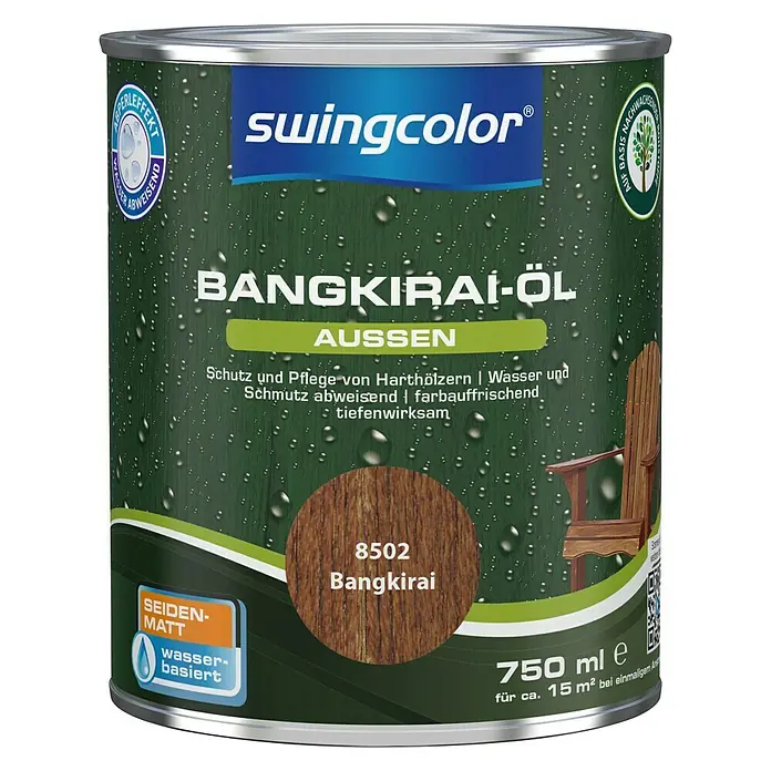 swingcolor Bangkirai-Öl - Bangkirai, 750 ml, Seidenmatt - Eine Dose Swingcolor Bangkirai-Öl für den Außenbereich, ideal zum Schutz und zur Pflege von Harthölzern. Wasserabweisend und farbauffrischend.
