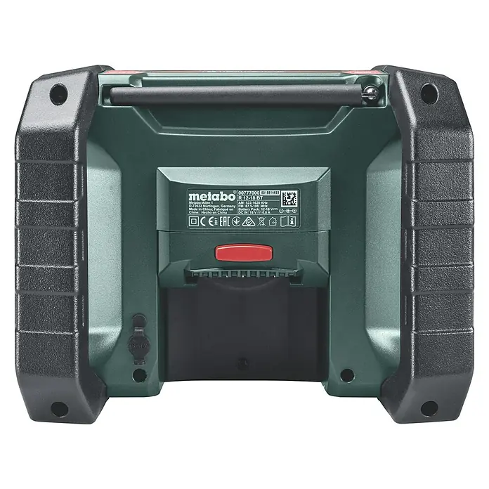 Metabo CAS 18V Akku-Baustellenradio R 12-18 BT - 18 V, Ohne Akku, Frequenz: 87,5 - 108,0 kHz (FM) - Rückansicht des Metabo R 12-18 BT Radios mit robustem Design, Bedienelementen und Batterieanschluss für Baustellen- und Freizeitgebrauch.