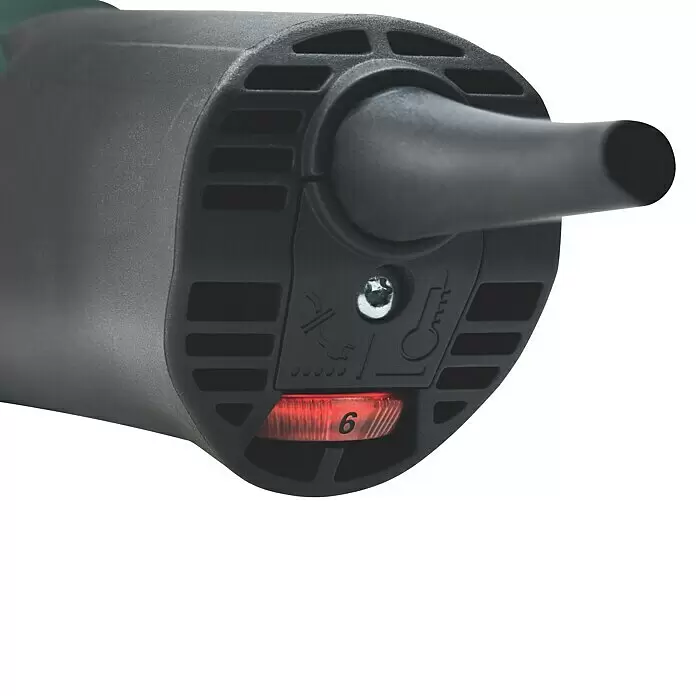 Metabo Elektro-Winkelschleifer WEV 11-125 Quick - 1.100 W, Durchmesser Scheibe: 125 mm, Leerlaufdrehzahl: 2.800 U/min - 10.500 U/min - Dunkelgraue Heißluftpistole mit rotem Temperaturwählrad auf '6' und Symbolen für Luftstrom und Temperatur.