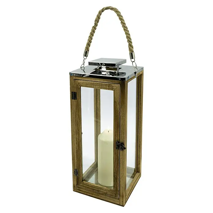 Holz-Laterne - L x B x H: 18 x 18 x 44 cm - Dekorative Holzlaterne mit Glaseinsätzen, Metalloberteil und Seilgriff, die eine Kerze im Inneren stilvoll präsentiert.