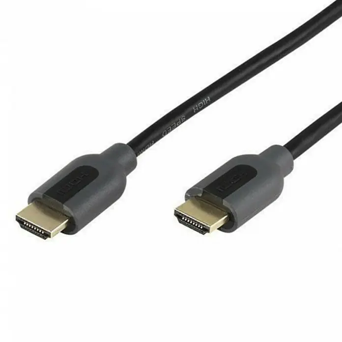Cable HDMI Aps Hdwe 09 - Negro, 0,9 m - Un cable HDMI de alta velocidad con dos conectores grises y contactos dorados bien definidos para una transmisión de señal superior.