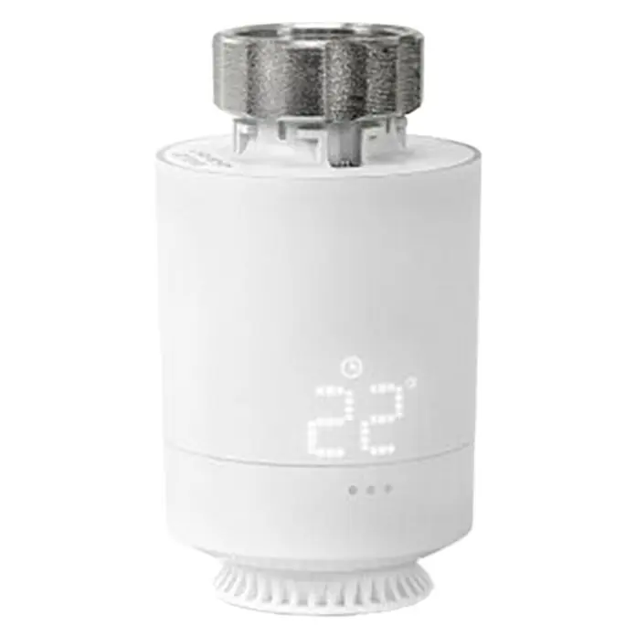 Garza Cabezales del termostato WiFi - WLAN - Primer plano de un termostato de radiador inteligente blanco con pantalla digital.