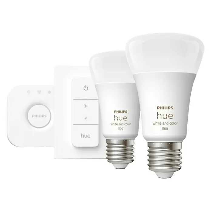 Philips Hue Set de bombillas LED Pack de 2 - E27, Capacidad de atenuación: Intensidad regulable, Multicolor, 806 lm - 1.100 lm, 9 W, 2 ud. - Kit de inicio Philips Hue White and Color Ambiance con dos bombillas inteligentes y control.