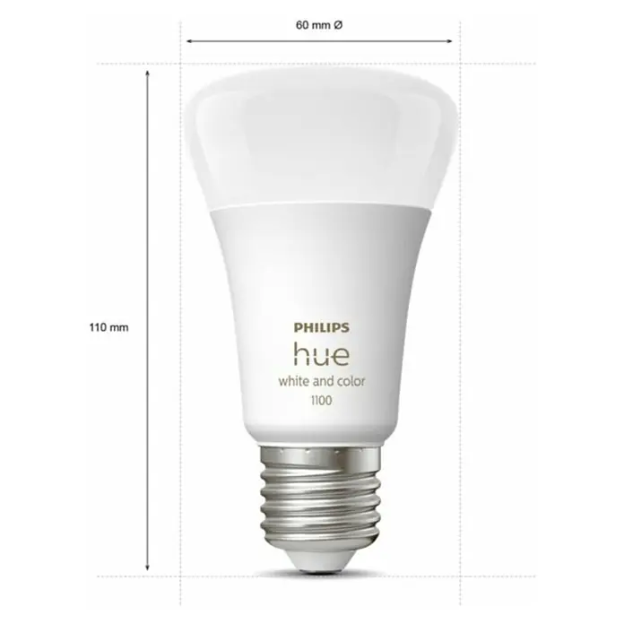 Philips Hue Set de bombillas LED Pack de 2 - E27, Capacidad de atenuación: Intensidad regulable, Multicolor, 806 lm - 1.100 lm, 9 W, 2 ud. - Bombilla Philips Hue White & Color 1100: LED inteligente para ambiente ajustable, con regulación y cambio de color, ideal hogar.