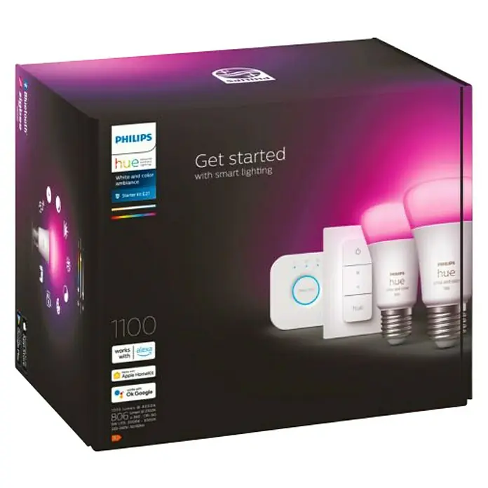 Philips Hue Set de bombillas LED Pack de 2 - E27, Capacidad de atenuación: Intensidad regulable, Multicolor, 806 lm - 1.100 lm, 9 W, 2 ud. - Kit de inicio Philips Hue White and Color Ambiance con Smart Lighting para un hogar inteligente.