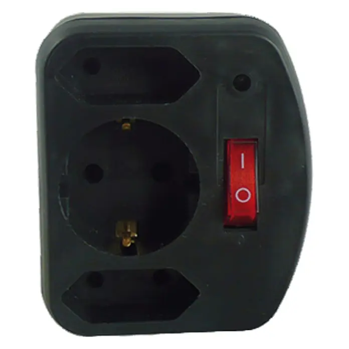 Adaptador de sobretensión con interruptor - Negro - Adaptador de corriente negro con múltiples enchufes e interruptor rojo de encendido/apagado para varios tipos.